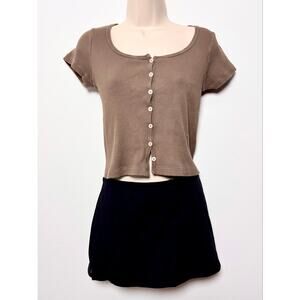 Brandy Melville Zelly Top Ribbed Knit Short Sleeve Brown Henley Button Down Tee